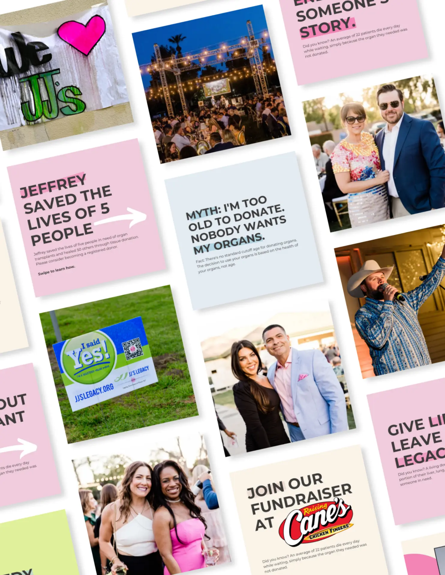 Recent JJ's Legacy social media content, event photography, and campaign graphics